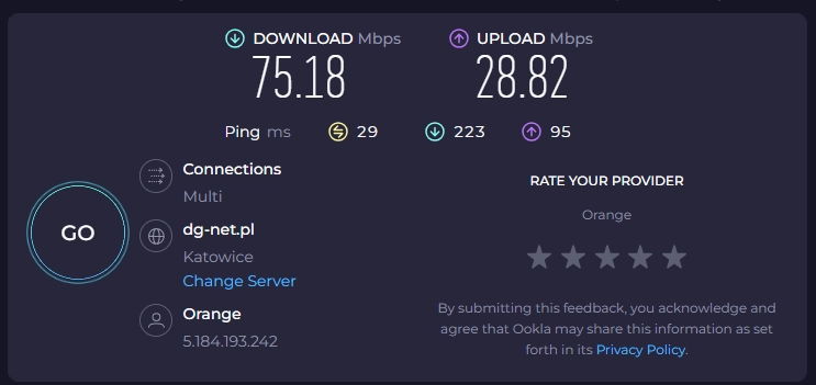 Teltonika RUT260 Orange Agregacja pasm włączona (LTE B1 + LTE B7) Speedtest Teltonika RUT260 Orange Agregacja pasm włączona (LTE B1 + LTE B7) Speedtest