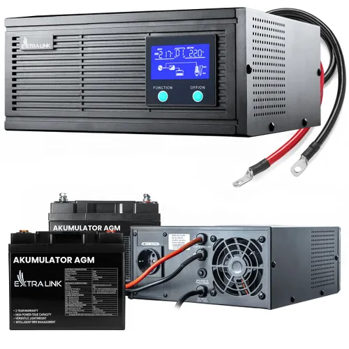 Extralink Piorun 1200VA/1000W Inverter + 2x Extralink AGM 12V 45Ah Battery Set | UPS | Pure sine wave, 12VDC battery voltage + maintenance free 0