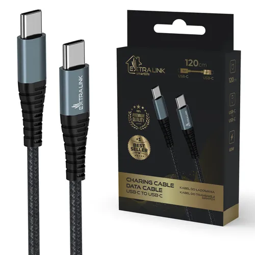 EXTRALINK SMART LIFE CABLE 60W, USB-C to USB-C 120CM, PVC, 5V 2.4A/3A, GRAY 0