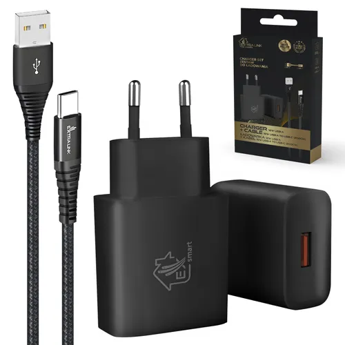 Extralink Smart Life | Sada USB typu A na typ C, 200 cm, černá + 12W nabíječka | Černá 0