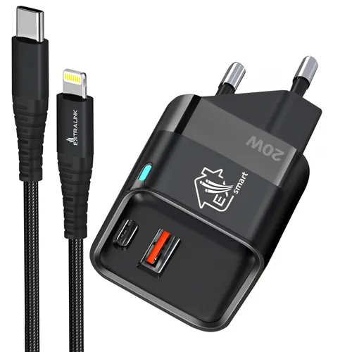 Zestaw Extralink Smart Life Ładowarka 20W 1x USB-C 1x USB-A + Kabel USB-C - Lightning 27W, 200 cm 0