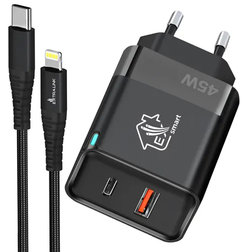 Zestaw Extralink Smart Life Ładowarka 45W GaN 1x USB-C 1x USB-A + Kabel USB-C - Lightning 27W, 200 cm 0