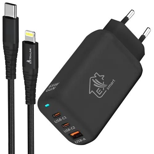 Zestaw Extralink Smart Life Ładowarka 65W GaN 2x USB-C 1x USB-A + Kabel USB-C - Lightning 27W, 200 cm 0