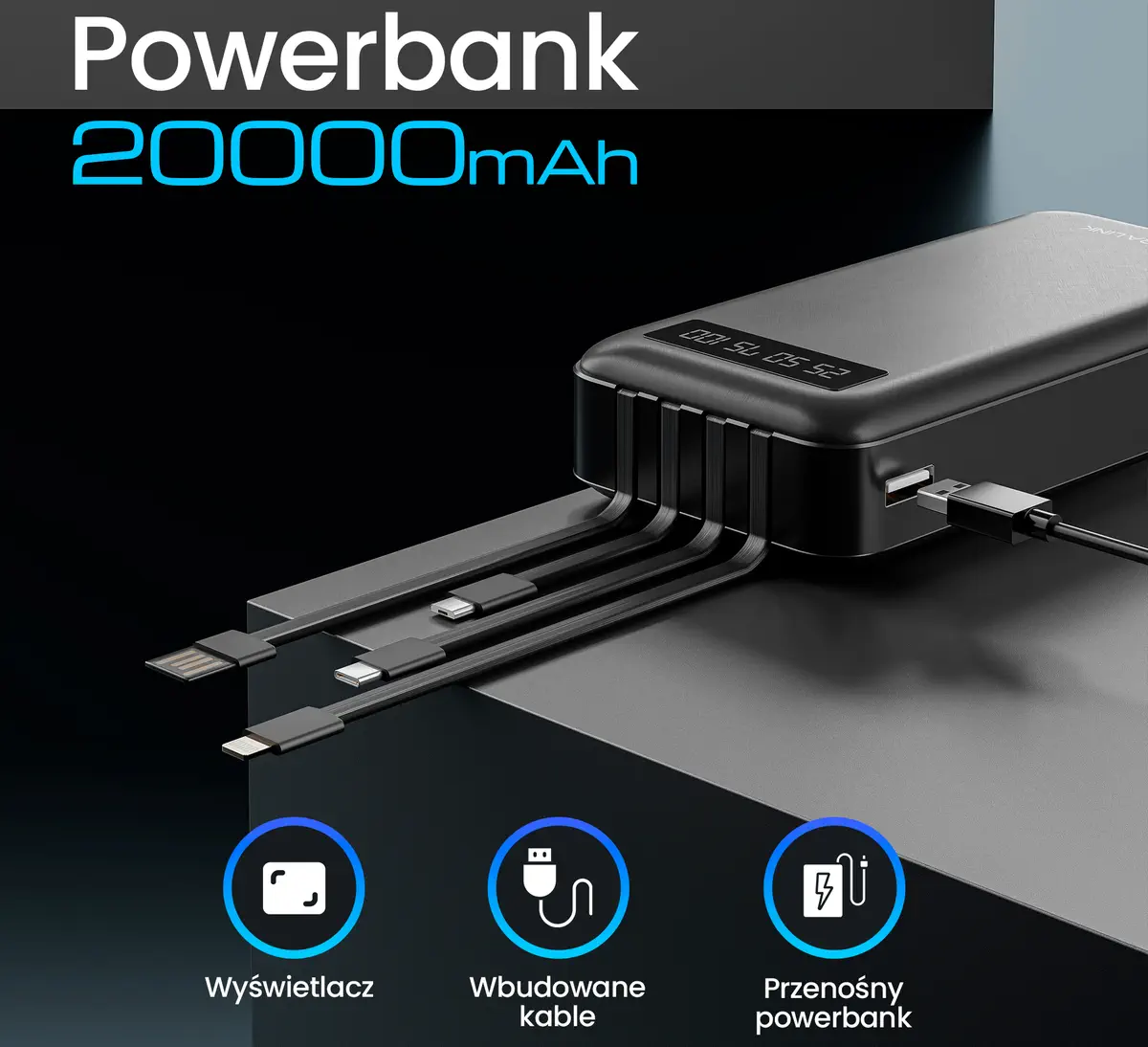 Universal 20,000mAh Mini Power Bank - 4 Types Charging Cable - 2x