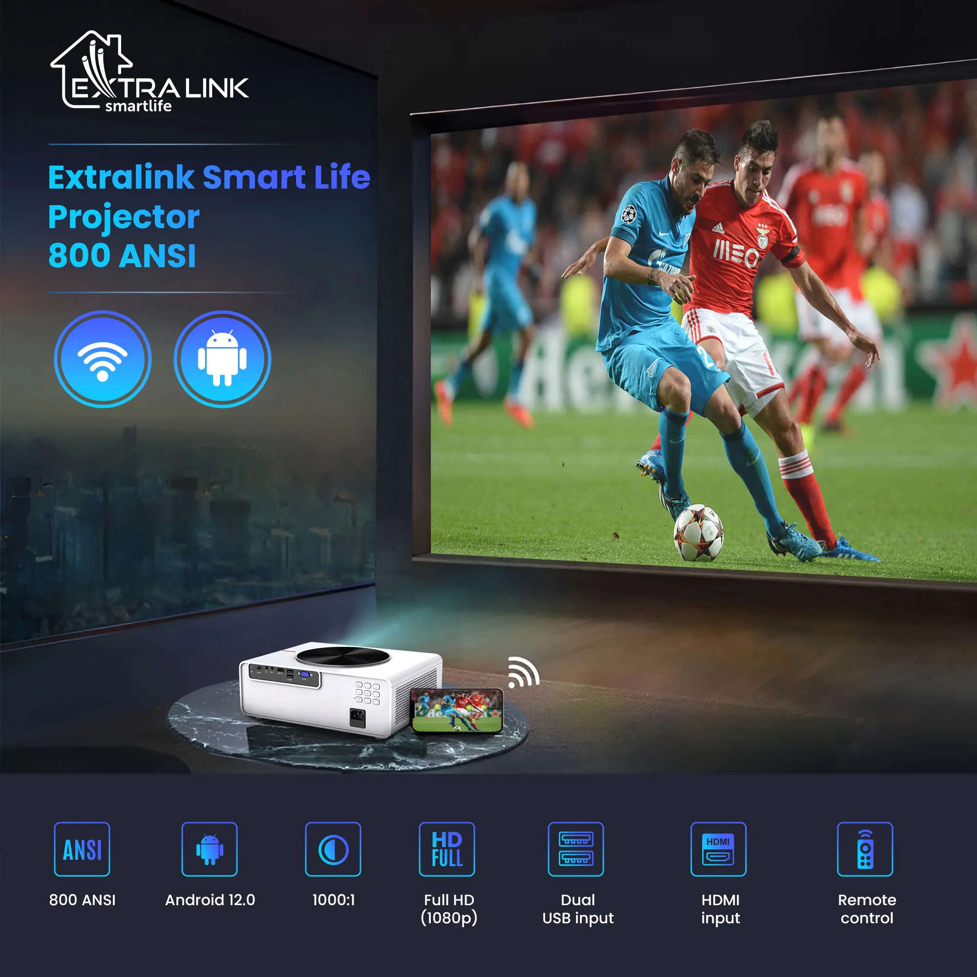 EXTRALINK SMART LIFE VISION LITE, SMART PROJECTOR, 500 ANSI, 1080P, ANDROID 9.0