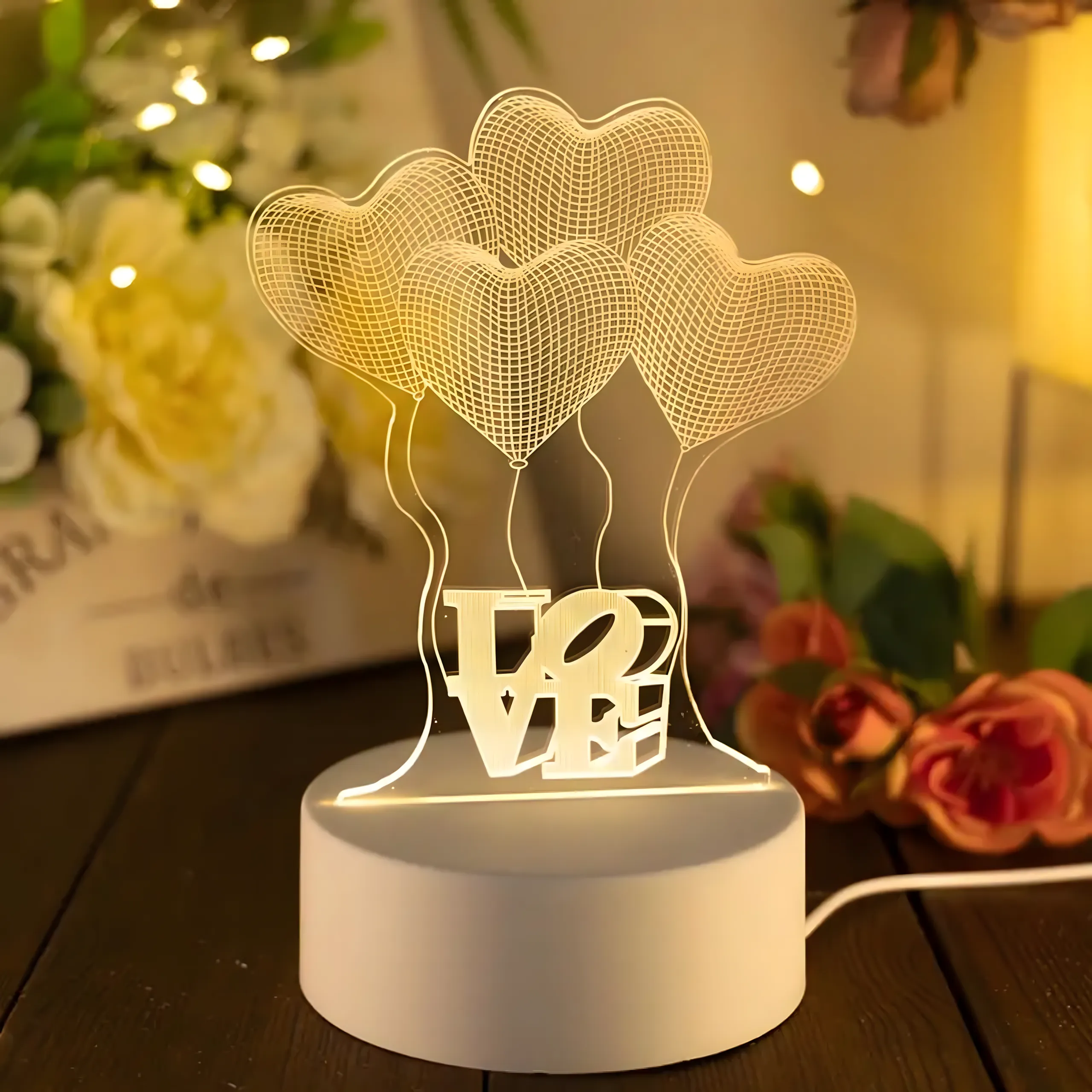 EXTRALINK HOME LAMPKA NOCNA CZTERY SERCA 3D ILUZJA OPTYCZNA DO SYPIALNI USB