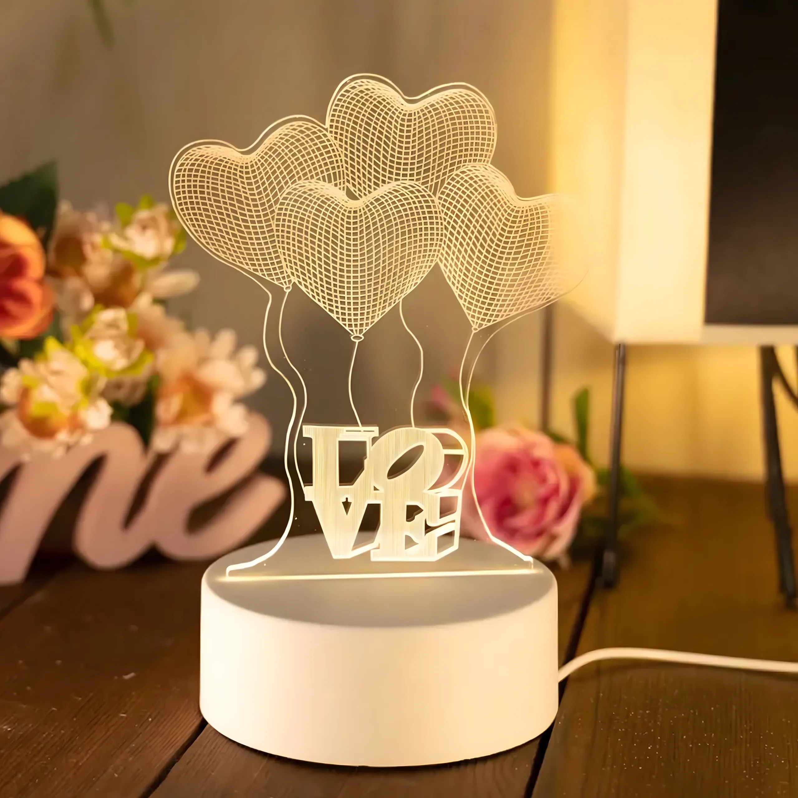 EXTRALINK HOME LAMPKA NOCNA CZTERY SERCA 3D ILUZJA OPTYCZNA DO SYPIALNI USB